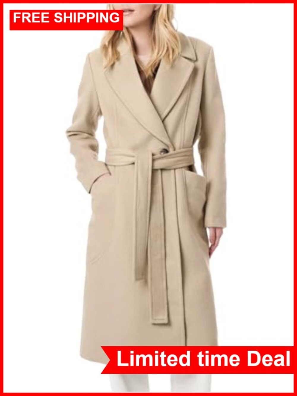Women's Wool Blend Pea Coat Belted Notch Lapel Long Overcoat